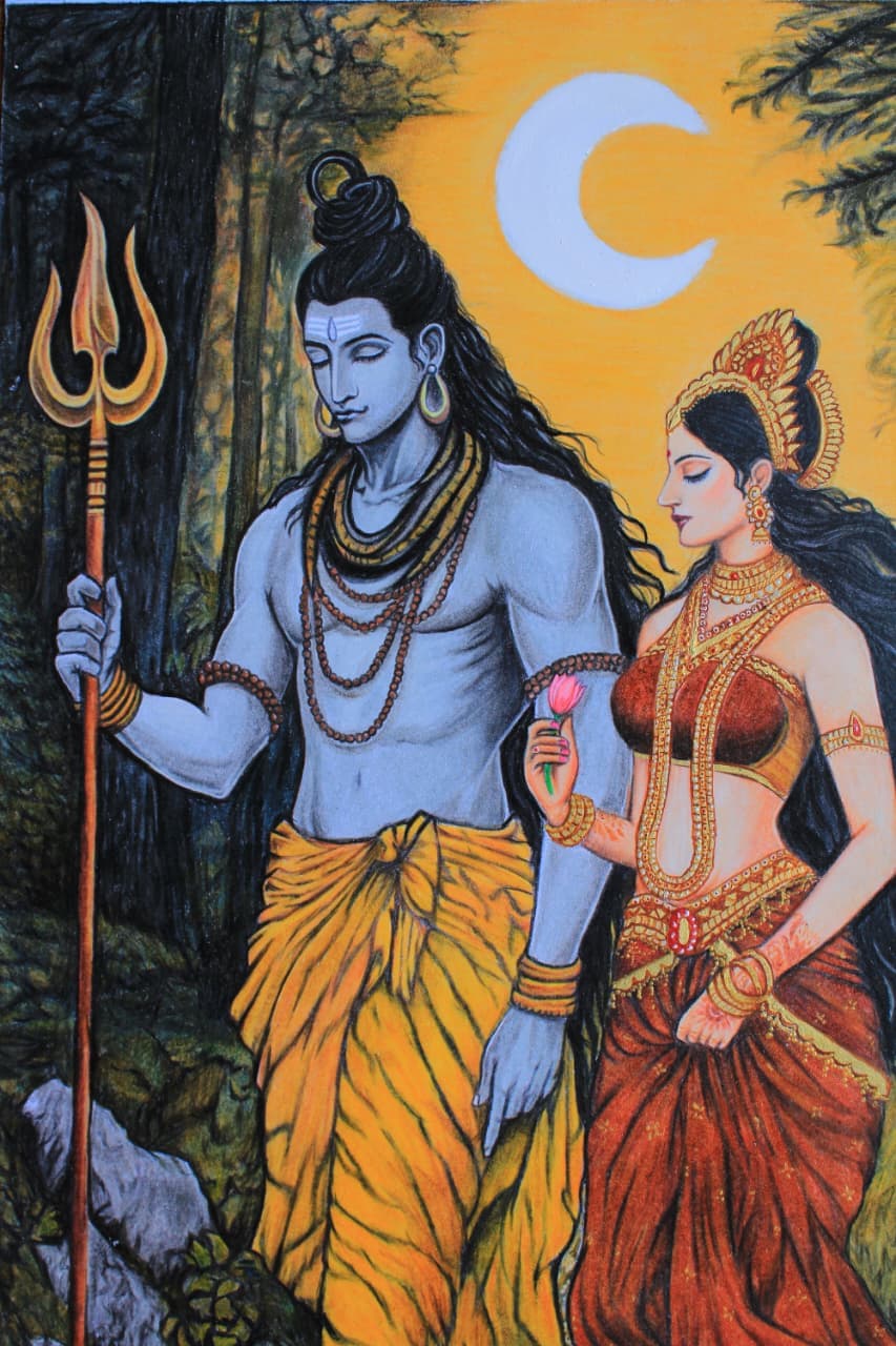 Shiv Parvati Colored Sketch in Color Pencils - view 1