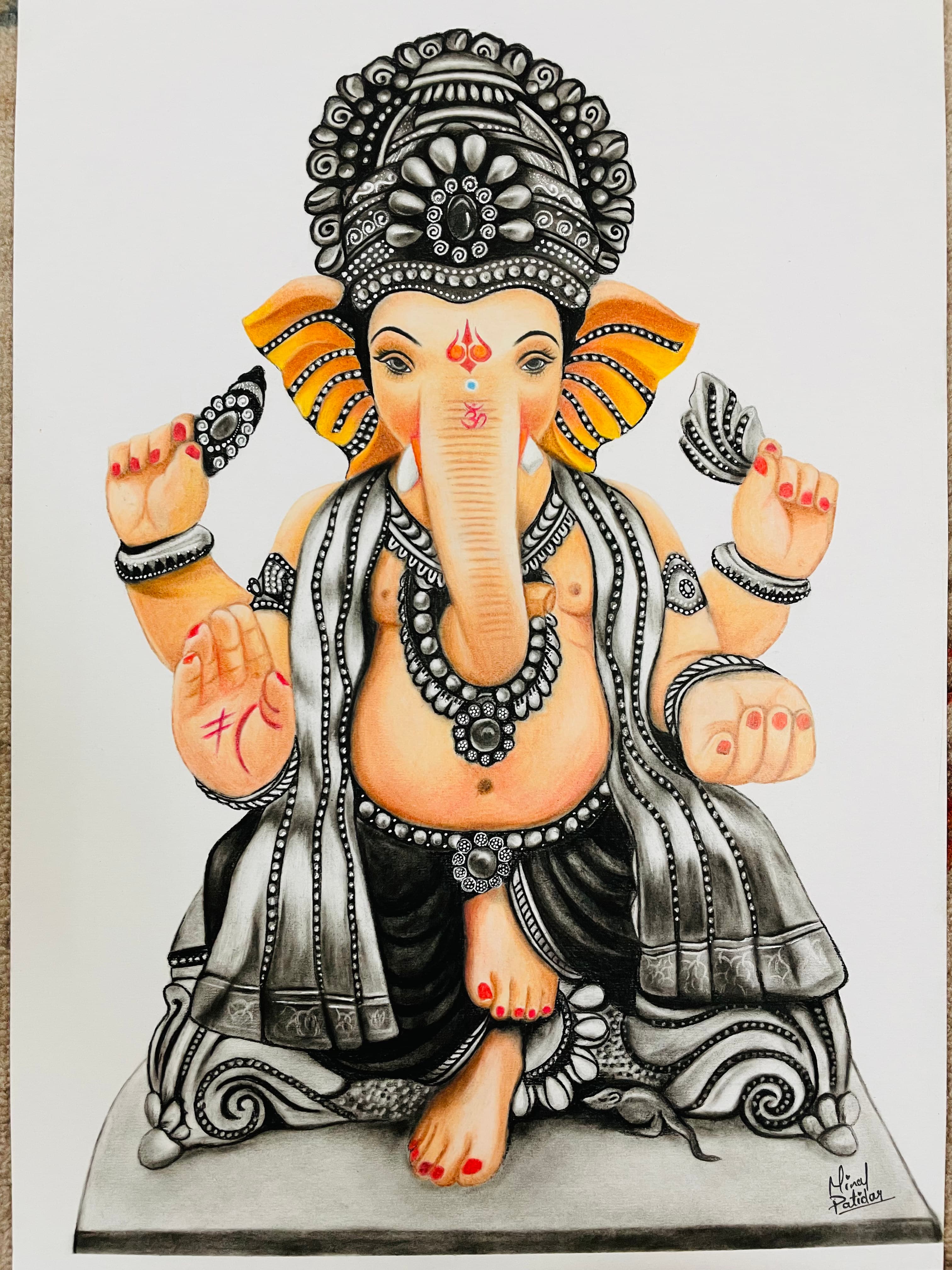 Color Pencil and Charcoal Pencil Lord Ganesha by Minal's Art Studio