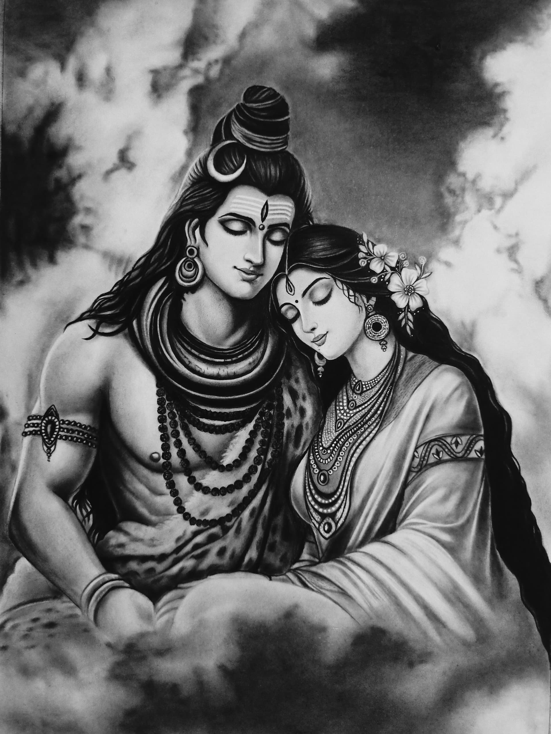 Devine Couple : Shiv Parvati in Charcoal Pencil - view 1