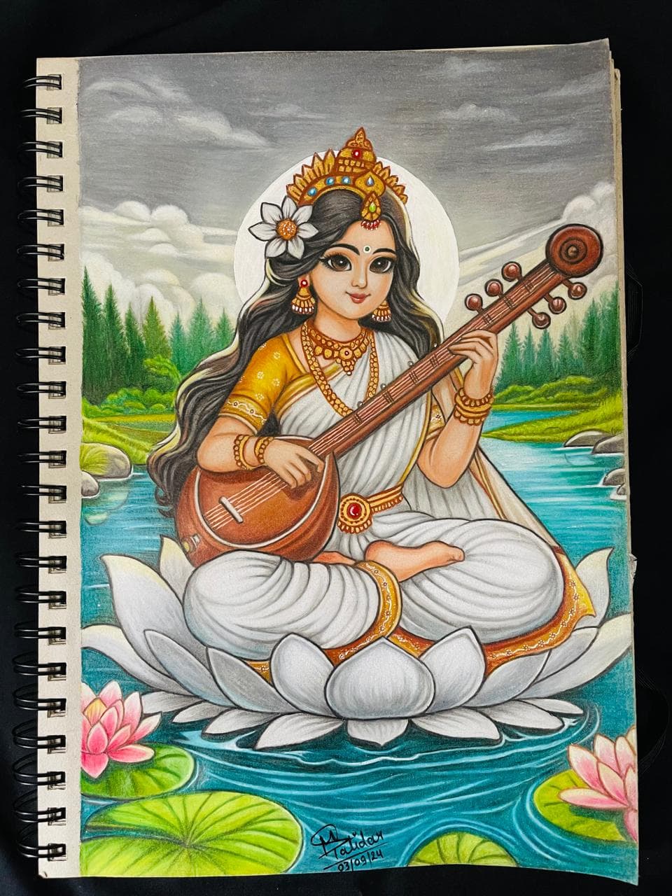 Color Pencil Sarasvati Maa Sketch by Minal's Art Studio