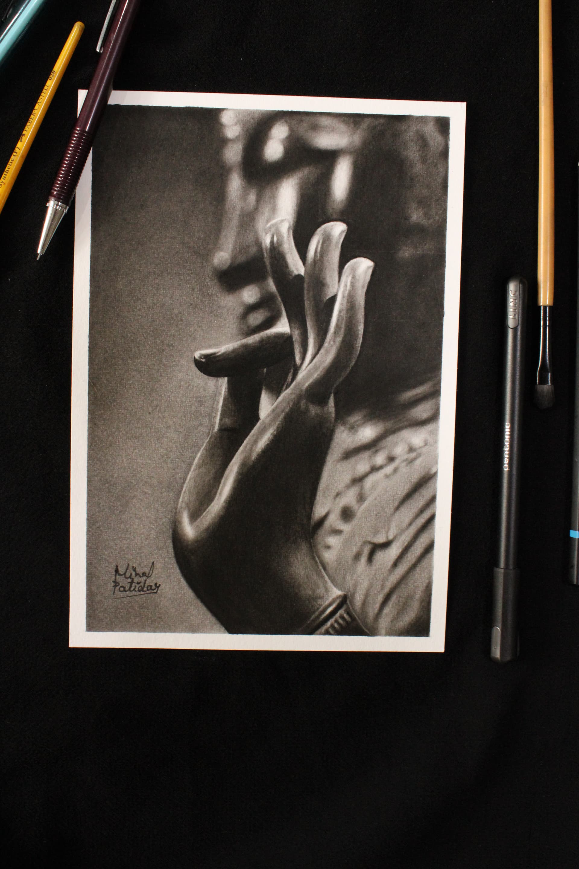 Budhha Peaceful Portrait in Charcoal Pencil - view 1