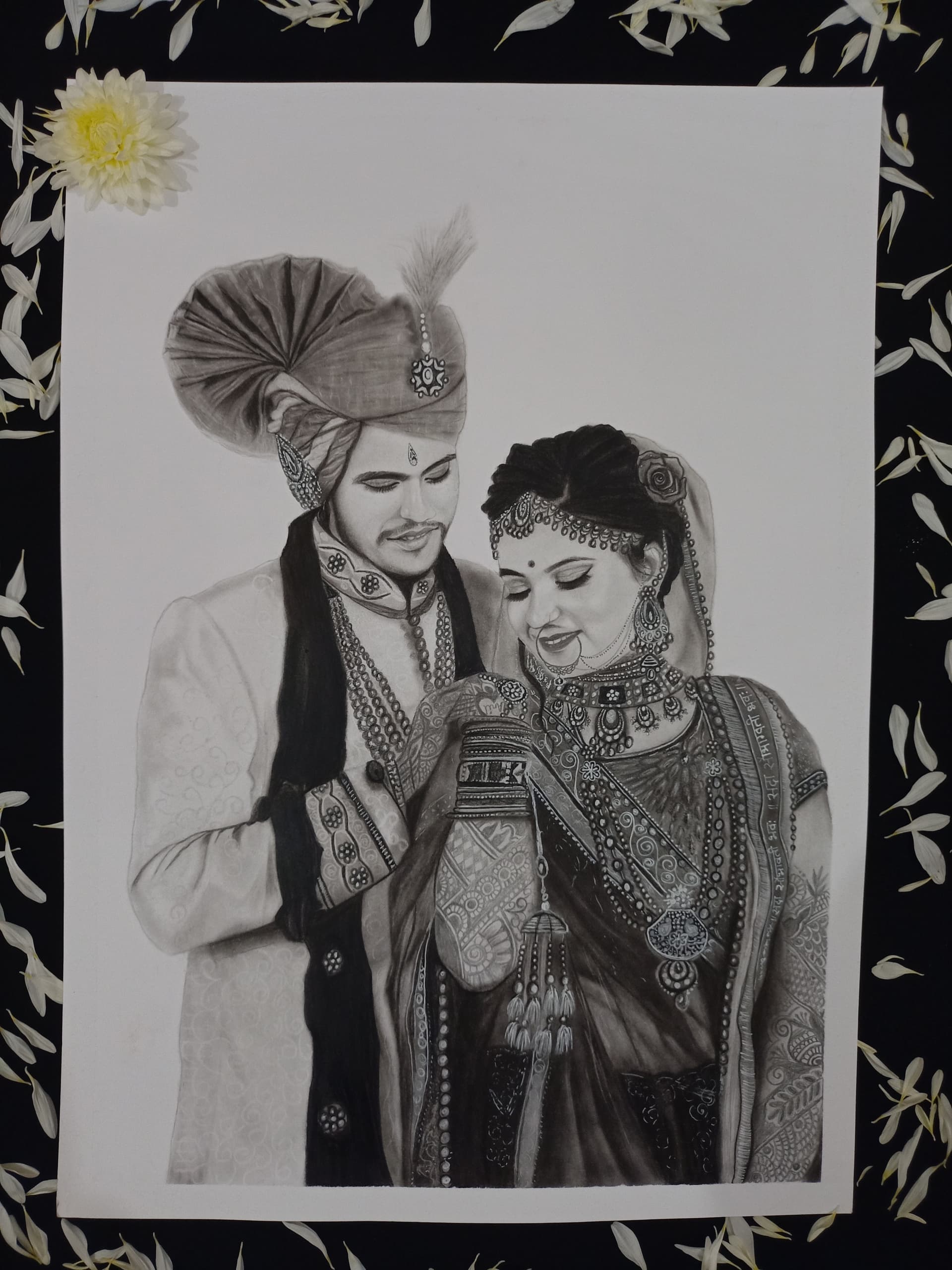 Wedding Couple Portrait in Charcoal Pencil - view 1