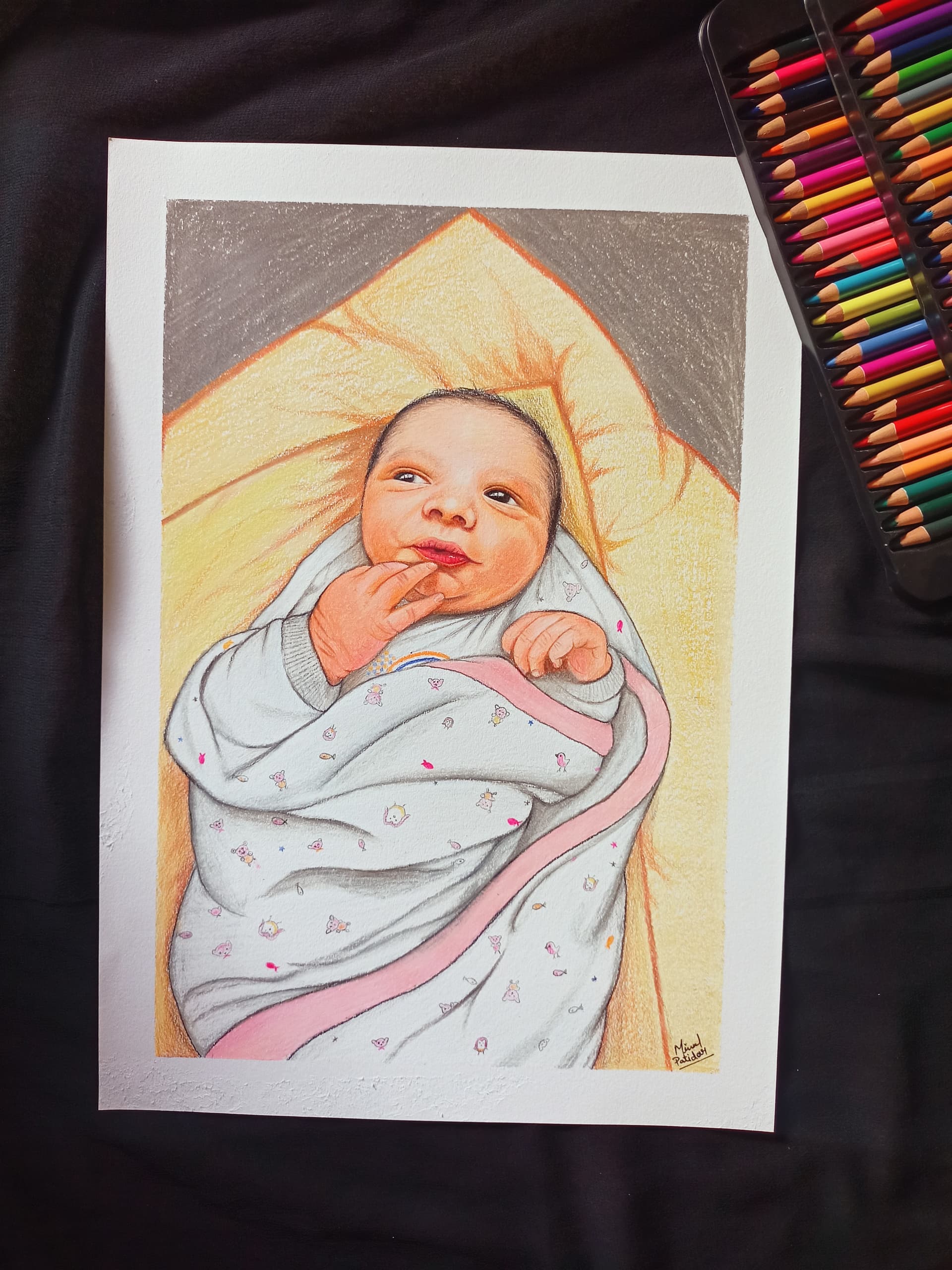 New Born baby Colored Portrait in Color Pencil - view 1