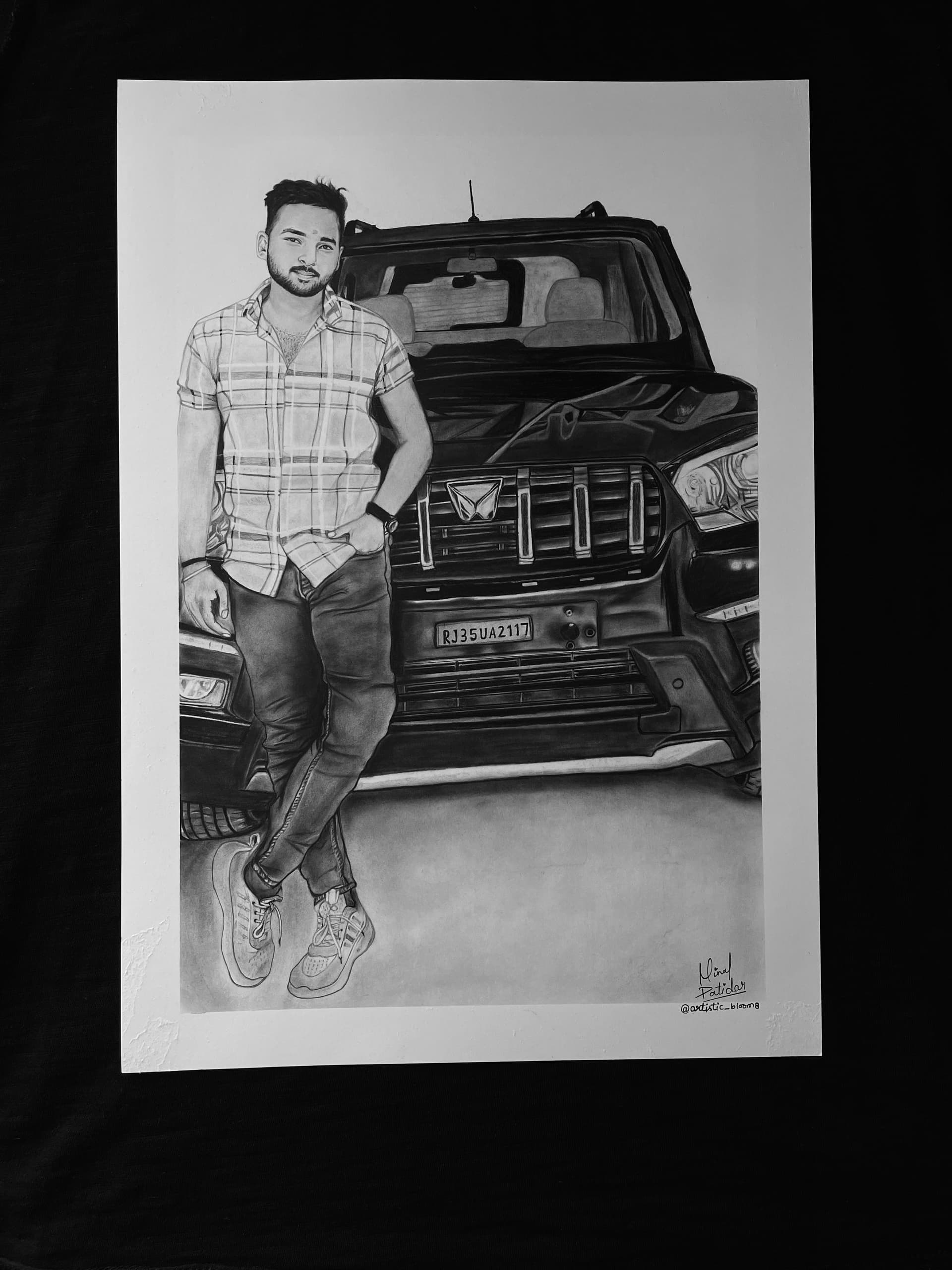 Man Sketch with Car in Charcoal Pencil - view 1
